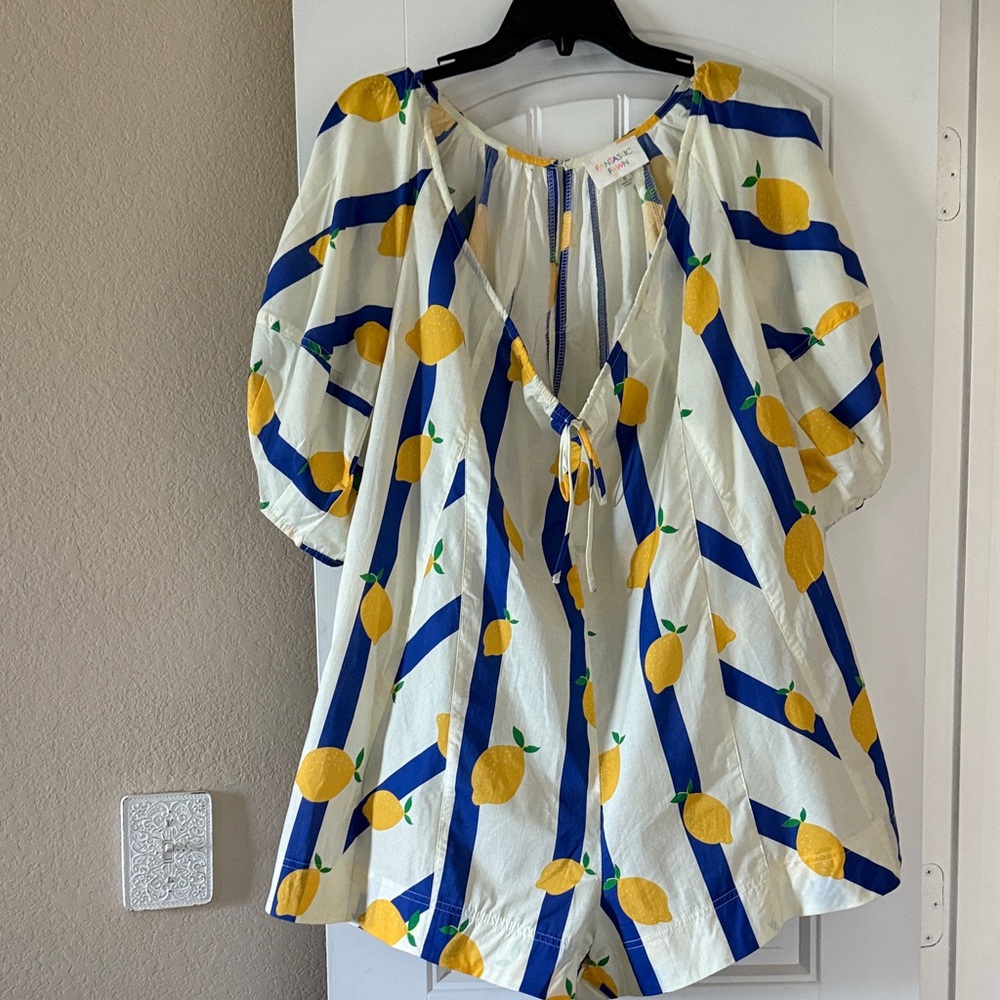 Fantastic Fawn Lemon Print Jumpsuit - Blue and Yellow